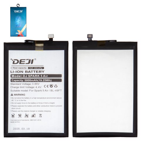 Аккумулятор Deji BL 49FT для Tecno Pop 4 Pro BC3 , Pop 5 Lite, Pop 5 LTE, Spark 5 KD7S , Spark 7 Go KF6m , Spark Go 2022 , Li ion, 3,85 B, 5000 мАч