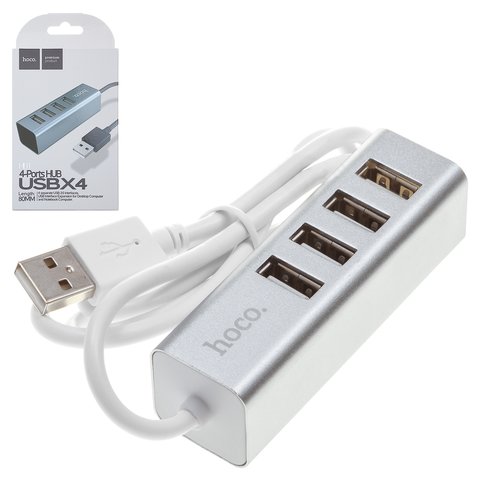 Concentrador USB Hoco HB1, USB tipo A, 80 cm, 4 puertos, plateado, #6957531038146
