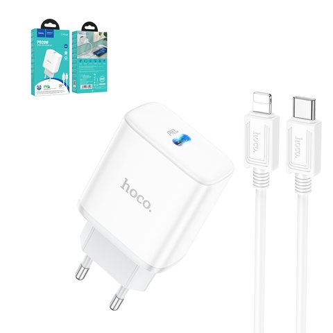 Mains Charger Hoco C104A, 20 W, Power Delivery PD , white, with cable USB type C to Lightning for Apple, 1 output  #6931474782908