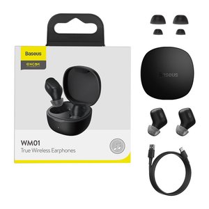 Headphone Baseus WM01, wireless, vacuum, black, with charging case, with USB cable Type C  #NGTW370001 NGTW240001 NGWM01 01