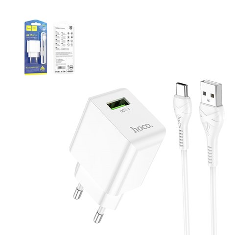 Сетевое зарядное устройство Hoco C98A, 18 Вт, Quick Charge, белый, с USB кабелем тип C, 1 порт, #6931474766878