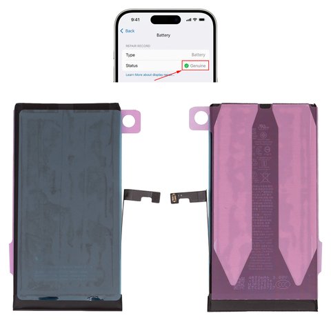 Аккумулятор для iPhone 15 Plus, Li ion, 3,867 B, 4650 мАч, повышенная ёмкость, без ошибки, A3039 , genuine IC