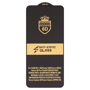 Защитное стекло ESD 6D для Tecno Camon 20; Xiaomi Poco F5 Pro; Samsung G996 Galaxy S21 Plus 5G, совместимо с чехлом, Full Glue, Anti Static, без упаковки , черный